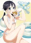  &gt;_&lt; 1girl 3: ball bangs beachball bikini black_hair blue_eyes blush breasts brown_hair chibi closed_eyes commentary_request cover cover_page d: doujin_cover hair_bobbles hair_ornament hand_on_own_cheek hands_up holding hood innertube kitashirakawa_tamako knee_up looking_at_viewer low_twintails momose_(oqo) ooji_mochizou open_mouth shorts side-tie_bikini sidelocks sitting small_breasts solo_focus swimsuit tamako_market tareme twintails weighing_scale white_bikini 
