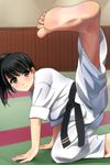  arm_support bangs barefoot belt black_belt black_hair blush dougi eyebrows_visible_through_hair feet foreshortening green_eyes highres indoors judo kicking leg_up legs_apart looking_at_viewer matsunaga_kouyou open_mouth original outstretched_leg ponytail short_hair short_sleeves soles solo tareme 