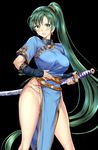  :o bangs bare_legs black_background black_gloves blue_dress blush breasts dress earrings elbow_gloves embarrassed fingerless_gloves fire_emblem fire_emblem:_rekka_no_ken gloves gorua_(youce01) green_eyes green_hair high_ponytail highres holding holding_sword holding_weapon jewelry large_breasts legs_apart light_particles long_hair looking_at_viewer lyndis_(fire_emblem) open_mouth panties pelvic_curtain ponytail sheath sheathed short_sleeves side-tie_panties simple_background solo standing sword thighs underwear v-shaped_eyebrows very_long_hair visible_air weapon weapon_on_back 