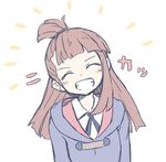  1girl :d ^_^ ^o^ bangs blunt_bangs blush blush_stickers brown_hair closed_eyes commentary_request eyebrows_visible_through_hair facing_viewer grin happy head_tilt kagari_atsuko little_witch_academia long_hair open_mouth orinpachu robe simple_background single_sidelock sketch smile solo topknot upper_body white_background 