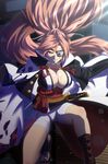  &gt;:( amputee armor ass_visible_through_thighs baiken bandages big_hair black_kimono breasts buttons cape cleavage eyebrows_visible_through_hair eyelashes eyepatch eyes_visible_through_hair facial_mark facial_scar facing_viewer forehead_mark frown guilty_gear guilty_gear_xrd hair_between_eyes high_ponytail highres japanese_armor japanese_clothes kagiyama_(gen'ei_no_hasha) katana kimono kneeling large_breasts light_particles lips long_hair multicolored multicolored_clothes multicolored_kimono no_bra obi one-eyed open_clothes open_kimono parted_lips pink_hair popped_collar pose rope sandals sash scar scar_across_eye sheath sheathed shimenawa shiny shiny_skin skull solo sparkle spiked_hair suneate sword tassel teeth toenails torn_cape torn_clothes v-shaped_eyebrows very_long_hair weapon white_kimono 