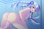  1girl :d artist_request ass blue_hair braid censored cineraria_(flower_knight_girl) cum cum_in_pussy flat_chest flower flower_knight_girl game_cg hair_flower hair_ornament hetero light_blue_hair long_hair looking_at_viewer looking_back mosaic_censoring multiple_braids nipples nude official_art open_mouth overflow penis purple_eyes quad_braids sex shiny shiny_skin smile solo_focus sweat vaginal 
