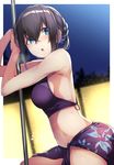  bangs bare_shoulders black_hair blue_eyes blurry blurry_background blush breasts commentary_request hair_between_eyes hair_bun idolmaster idolmaster_cinderella_girls kouda_hayato_(e-gis) leaf_print looking_at_viewer looking_to_the_side medium_breasts night night_sky open_mouth outdoors pole purple_swimsuit sagisawa_fumika sarong sideboob sky solo swimsuit tied_hair 