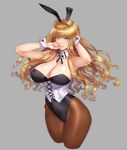  animal_ears arms_up bangs bare_shoulders black_leotard black_ribbon blonde_hair blue_eyes blunt_bangs blush breasts bunny_ears bunnysuit cleavage collarbone commentary_request covered_navel cowboy_shot cropped_legs cross-laced_clothes damegane detached_collar eyebrows_visible_through_hair eyelashes grey_background hair_intakes hand_in_hair hand_on_own_cheek heart highleg highleg_leotard highres hips jewelry large_breasts leotard looking_at_viewer neck_ribbon original pantyhose parted_lips pendant ribbon simple_background smile solo thighs wavy_hair wide_hips wrist_cuffs 