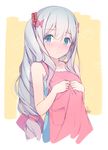  artist_name azumi_akitake bare_shoulders blue_eyes blush bow collarbone dress eromanga_sensei eyebrows_visible_through_hair grey_hair hair_bow hands_on_own_chest highres izumi_sagiri long_hair looking_at_viewer low-tied_long_hair nose_blush parted_lips pink_bow red_scrunchie scrunchie solo striped striped_scrunchie upper_body white_background yellow_background 