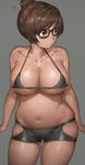  bangs bare_shoulders belly bike_shorts bikini_top black-framed_eyewear black_bikini_top blush breasts brown_eyes brown_hair cleavage closed_mouth collarbone commentary cowboy_shot glasses grey_background hair_bun hair_ornament hair_stick highres impossible_clothes large_breasts looking_to_the_side mei_(overwatch) navel overwatch plump shiny shiny_clothes shiny_hair shiny_skin short_hair sideboob simple_background skin_tight skindentation solo standing stomach strap_gap swept_bangs tan underboob undersized_clothes yohan1754 