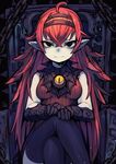  ahoge bad_id bad_pixiv_id black_eyes black_legwear breasts chain closed_mouth collar commentary_request crossed_legs feet_out_of_frame gatakigi_gama gauntlets gem hair_between_eyes hairband hands_together highres horns long_hair looking_at_viewer medium_breasts original pointy_ears red_hair sitting smile solo spiked_collar spikes thighhighs third_eye throne very_long_hair 
