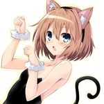  animal_ears bare_shoulders blanc blue_eyes blush breasts brown_hair cat_ears cat_tail from_side iwasi-r kittysuit looking_at_viewer neptune_(series) open_mouth paw_pose short_hair small_breasts solo tail upper_body 