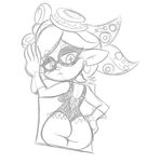  +_+ 1girl arm_up ass bare_shoulders bow breasts domino_mask drills earrings eyebrows_visible_through_hair frilled_swimsuit frills from_behind gloves greyscale half-closed_eyes hand_on_hip hotaru_(splatoon) huge_ass looking_back looking_down looking_to_the_side medium_breasts monochrome object_on_head one-piece_swimsuit short_hair simple_background sketch solo sparkle splatoon swimsuit tied_hair white_background wide_hips 
