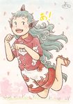 animal_ears blue_hair cherry_blossoms chii-kun_(seedyoulater) cloud_print commentary_request dog_ears fangs flat_chest horn jumping komano_aun long_hair looking_at_viewer open_mouth red_shirt sandals shirt shorts skirt solo touhou white_shorts 