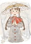  black_hair braid breath capelet chii-kun_(seedyoulater) commentary_request dress earlobes flat_chest grey_dress hat hidden_star_in_four_seasons long_hair looking_at_viewer praying red_capelet red_eyes snow solo straw_hat touhou tree twin_braids yatadera_narumi 
