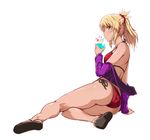  ass back bikini blush cup drinking drinking_glass drinking_straw fate/grand_order fate_(series) green_eyes jacket long_hair looking_at_viewer mordred_(fate)_(all) mordred_(swimsuit_rider)_(fate) ponytail red_bikini sandals simple_background sitting solo swimsuit tan tokiwa_midori_(kyokutou_funamushi) white_background 