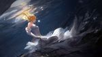  aenrs artoria_pendragon_(all) blonde_hair closed_eyes dress dutch_angle elbow_gloves fate/unlimited_codes fate_(series) floating_hair gloves highres long_hair saber_lily sleeveless sleeveless_dress solo submerged underwater white_dress white_gloves 