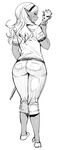  ass blush curvy dark_elf dark_skin elf elf-san_wa_yaserarenai. embarrassed full_body greyscale highres kuroeda-san long_hair looking_at_viewer looking_back monochrome pointy_ears pout shirt simple_background sketch solo staff standing synecdoche thick_thighs thighs white_background 