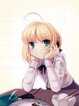  ahoge artoria_pendragon_(all) bangs blonde_hair blue_eyes blush boa_(brianoa) braid chin_rest chopsticks closed_mouth commentary_request eyebrows_visible_through_hair fate/stay_night fate_(series) food food_on_face indoors leaning_forward leaning_on_object long_sleeves looking_at_viewer neck_ribbon plate purple_skirt red_ribbon ribbon rice rice_on_face saber shirt short_hair sidelocks skirt smile solo table white_shirt 