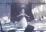  armlet bangs copyright_name curtains dress drill_hair eyebrows_visible_through_hair gem hino_akane_(idolmaster) idolmaster idolmaster_cinderella_girls jewelry light_particles long_dress long_hair looking_at_viewer monochrome necklace outstretched_arms parted_lips ruins shimejirou solo spread_arms standing 