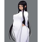  arms_behind_back bangs belly black_hair blush breasts curvy earrings highres jewelry long_hair long_sleeves looking_at_viewer navel open_mouth perky_breasts plump side_slit small_breasts sueyuu vietnamese_dress wide_hips 