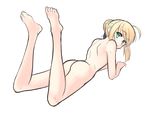  ahoge arm_support artoria_pendragon_(all) ass barefoot blonde_hair blush boa_(brianoa) braid eyebrows_visible_through_hair fate/stay_night fate_(series) from_behind full_body green_eyes hair_bun legs_up looking_at_viewer looking_back lying nude on_back parted_lips saber short_hair sidelocks solo transparent_background 
