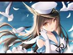  bangs bird bison_cangshu blurry blush breasts brown_eyes brown_hair cleavage collarbone commentary_request depth_of_field elbow_gloves eyebrows_visible_through_hair feathers floating_hair gloves hair_between_eyes hand_up hat highres large_breasts long_hair looking_at_viewer ocean open_mouth peaked_cap sailor_collar smile solo upper_body very_long_hair white_gloves zhan_jian_shao_nyu 
