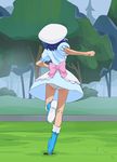  blue_footwear blue_hair blue_skirt boots bow forest from_behind haruyama_kazunori hat kirakira_patisserie_uniform kirakira_precure_a_la_mode nature panties pantyshot pink_bow precure running short_hair short_sleeves skirt striped striped_panties tategami_aoi underwear white_hat 