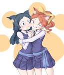  ;d barbara_parker black_hair blue_eyes bow closed_mouth collared_shirt commentary_request cowboy_shot dress frown grin hair_bow hanna_england head_tilt hug kemonomimi_mode little_witch_academia long_hair long_sleeves looking_at_viewer luna_nova_school_uniform multiple_girls one_eye_closed open_mouth orange_eyes orange_hair orinpachu own_hands_together parted_lips paw_background pinafore_dress ponytail purple_dress school_uniform shirt smile standing tareme teeth two-tone_background wavy_hair wavy_mouth whiskers white_shirt wing_collar yellow_bow yuri 