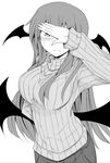  alternate_costume arm_behind_back arm_up bat_wings blush breasts chata_maru_(irori_sabou) commentary_request contemporary covering_face greyscale head_wings highres koakuma large_breasts long_hair looking_at_viewer low_wings monochrome pants ribbed_sweater simple_background solo sweater touhou very_long_hair white_background wings 