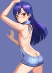  &gt;:) alternate_costume arched_back arm_up armpits ass back backless_outfit bare_arms bare_back bare_shoulders blue_hair blue_sweater blush brown_eyes butt_crack closed_mouth cowboy_shot flat_chest from_behind halterneck idolmaster idolmaster_(classic) kisaragi_chihaya kkroe long_hair looking_back meme_attire purple_background ribbed_sweater simple_background smile smug solo standing sweater thighs v-shaped_eyebrows virgin_killer_sweater 