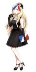  absurdres alternate_costume arm_at_side bag bangs belt black-framed_eyewear black_bow black_dress blonde_hair blue_eyes blue_hair bow breasts closed_mouth commandant_teste_(kantai_collection) dress earrings elbow_gloves evening_gown eyewear_removed flag_print french_flag full_body gloves hair_bow hair_bun handbag high_heels highres holding holding_bag holding_eyewear jewelry kantai_collection lace lace-trimmed_dress lips long_hair looking_at_viewer medium_breasts morinaga_miki multicolored_hair necklace no_legwear pearl_necklace red_hair simple_background smile solo standing sunglasses swept_bangs white_background white_hair 