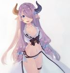  arms_behind_back bangs bare_shoulders bikini blue_eyes breasts cleavage commentary_request frilled_bikini frills granblue_fantasy hair_ornament hair_over_one_eye hairclip highres horns jewelry kushibi large_breasts lavender_hair long_hair looking_at_viewer narmaya_(granblue_fantasy) open_mouth pointy_ears simple_background single_earring smile solo swimsuit very_long_hair white_bikini 