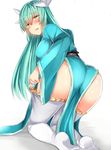  :d all_fours aqua_hair aqua_kimono ass bangs blush breasts brown_eyes commentary_request eyebrows_visible_through_hair fate/grand_order fate_(series) from_behind hair_between_eyes highres horns japanese_clothes kimono kiyohime_(fate/grand_order) large_breasts long_hair long_sleeves looking_at_viewer looking_back no_shoes obi open_mouth parted_lips sabujiroko sash simple_background smile solo thighhighs thighhighs_pull white_background white_legwear wide_sleeves 