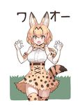  :o animal_ears arms_up blush breasts claw_pose cowboy_shot elbow_gloves fang gloves grass high-waist_skirt kemono_friends looking_at_viewer medium_breasts open_mouth orange_hair outdoors print_gloves print_legwear print_neckwear serin199 serval_(kemono_friends) serval_ears serval_print serval_tail shirt skirt sleeveless sleeveless_shirt solo striped_tail tail thighhighs v-shaped_eyebrows yellow_eyes 