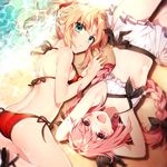  1girl :d armpits ass astolfo_(fate) back bangs beach bikini bikini_skirt black_bow blonde_hair blurry bow braid breasts butt_crack cleavage day depth_of_field eyebrows_visible_through_hair fang fate/apocrypha fate/grand_order fate_(series) flat_chest green_eyes hair_bow hair_intakes hair_ornament hair_scrunchie halter_top halterneck long_hair looking_at_viewer lying mordred_(fate)_(all) mordred_(swimsuit_rider)_(fate) navel ocean on_back on_stomach open_mouth otoko_no_ko outdoors parted_bangs parted_lips pink_eyes pink_hair ponytail red_bikini red_scrunchie sakura_yuki_(clochette) sandals scrunchie side-tie_bikini sidelocks single_braid skirt smile swimsuit tareme thighs tsurime water white_bikini white_skirt 