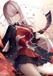  adjusting_clothes adjusting_gloves artist_name bandage_over_one_eye bandages bangs black_skirt blurry breasts closed_mouth coat commentary_request contrapposto depth_of_field eyebrows_visible_through_hair fate/grand_order fate_(series) fire florence_nightingale_(fate/grand_order) gloves grey_hair jacket_on_shoulders long_hair looking_at_viewer medium_breasts military military_uniform miniskirt mouth_hold necomi open_clothes open_coat pantyhose petals pleated_skirt red_eyes signature skirt solo standing tsurime uniform very_long_hair white_gloves white_legwear 