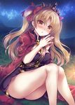  bangs bare_legs belt blonde_hair breasts brown_eyes cape earrings ereshkigal_(fate/grand_order) eyebrows_visible_through_hair fate/grand_order fate_(series) feet_out_of_frame hands_clasped highres jewelry large_breasts legs_together long_hair looking_at_viewer milky_way night night_sky outdoors own_hands_together parted_lips red_cape sitting skirt sky solo star_(sky) starry_sky suzune_rena twintails 