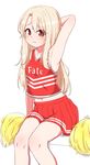  3: arm_behind_head arm_up armpits bangs bare_arms bare_shoulders blonde_hair blush chawan_(yultutari) cheerleader closed_mouth copyright_name eyebrows_visible_through_hair fate/stay_night fate_(series) feet_out_of_frame hand_behind_head highres illyasviel_von_einzbern legs long_hair looking_at_viewer midriff midriff_peek navel pleated_skirt pom_poms red_eyes red_skirt red_vest simple_background sitting skirt sleeveless solo vest wavy_mouth white_background 