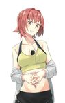  bare_shoulders between_breasts blush breasts brown_eyes cleavage digital_media_player earphones highres ipod ipod_nano jacket jacket_removed kantai_collection kinu_(kantai_collection) looking_at_viewer medium_breasts midriff negahami red_hair short_hair simple_background smile solo sports_bra 