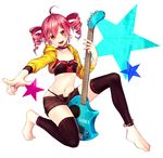  :d absurdres barefoot breasts cropped_jacket drill_hair eyebrows_visible_through_hair guitar hair_between_eyes highres hood instrument jewelry kasane_teto kneeling leg_warmers looking_at_viewer open_mouth pointing pointing_at_viewer red_eyes red_hair ring short_shorts shorts small_breasts smile solo thighhighs toudou_charo twin_drills twintails utau 