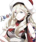  adjusting_hair armband beret black_gloves blonde_hair blue_eyes breasts character_name closed_mouth french_flag gloves hair_between_eyes hand_in_hair hand_up hat kantai_collection light_smile lips long_hair looking_at_viewer medium_breasts mole mole_under_eye mole_under_mouth morinaga_miki multicolored multicolored_clothes multicolored_scarf richelieu_(kantai_collection) scarf simple_background solo strapless underbust upper_body white_background white_hat 