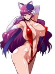  1girl animal_ears armpits bikini blush breasts cat_ears choker cure_macaron curvy earrings elbow_gloves erect_nipples fake_animal_ears female gloves hair_ornament huge_breasts kirakira_precure_a_la_mode kotozume_yukari long_hair looking_at_viewer navel parted_lips precure purple_eyes purple_hair raisuta red_bikini red_swimsuit shiny_skin simple_background sling_bikini slingshot solo standing swimsuit very_long_hair white_background white_gloves 