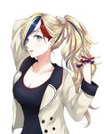  alternate_costume alternate_hairstyle arms_up bangs black_shirt blonde_hair blue_eyes blue_hair breasts cleavage coat collarbone commandant_teste_(kantai_collection) fingernails flag_print green_nails grey_coat hair_ornament hair_scrunchie holding kantai_collection lips long_hair long_sleeves looking_at_viewer medium_breasts morinaga_miki multicolored_hair multicolored_scrunchie nail_polish open_clothes open_coat open_mouth ponytail red_hair scrunchie shirt simple_background solo swept_bangs tying_hair upper_body white_background white_hair 