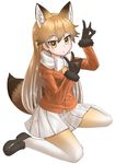  absurdres animal_ears blush brown_eyes brown_hair brown_legwear extra_ears eyebrows_visible_through_hair ezo_red_fox_(kemono_friends) fox_ears fox_shadow_puppet fox_tail full_body highres kakutasu_(akihiron_cactus) kemono_friends long_hair looking_at_viewer multicolored_hair pantyhose parted_lips simple_background sitting skirt solo tail two-tone_hair wariza white_background white_hair white_legwear white_skirt 