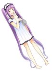  absurdly_long_hair bare_legs barefoot blush boa_(brianoa) covering_mouth dress dutch_angle euryale eyebrows_visible_through_hair fate/hollow_ataraxia fate_(series) frilled_hairband frills full_body hairband hand_over_own_mouth highres holding holding_mask long_hair looking_at_viewer mask mask_removed open_mouth pajamas purple_eyes purple_hair short_sleeves solo standing tears transparent_background very_long_hair wavy_mouth white_dress yawning 