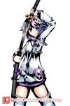  blue_eyes d-pad d-pad_hair_ornament hair_ornament hairclip heterochromia highres holding holding_sword holding_weapon hood hooded_jacket jacket looking_at_viewer neptune_(choujigen_game_neptune) neptune_(series) power_symbol purple_eyes purple_hair purple_heart short_hair smile solo striped striped_legwear sword symbol-shaped_pupils thighhighs verniy_misaki weapon white_background 
