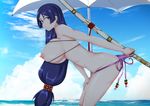  1girl areolae bent_over bikini bikini_pull blue_hair breasts eyepatch_bikini fate/grand_order fate_(series) female highres huge_breasts katana long_hair looking_at_viewer minamoto_no_raikou_(fate/grand_order) minamoto_no_raikou_(swimsuit_lancer)_(fate) nanashi_(pixiv24083120) nipples ocean outdoors panty_pull parasol profile puffy_nipples purple_bikini purple_eyes purple_swimsuit side-tie_bikini smile solo standing summer swimsuit sword very_long_hair weapon 