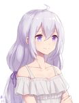  ahoge babouo bad_id bad_pixiv_id blush breasts cleavage closed_mouth collarbone dated eyebrows_visible_through_hair hair_ribbon large_breasts long_hair looking_away original purple_ribbon ribbon silver_hair smile solo upper_body 