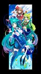  black_background black_bow black_neckwear blue_eyes blue_hair blue_legwear blue_neckwear bow bowtie brown_eyes brown_hair cable cloud clover crossover detached_sleeves electric_guitar eyebrows_visible_through_hair fish full_body fur_trim glico green_hair guitar hat hatsune_miku headphones highres inset instrument japanese_clothes lico_(glico) long_hair long_sleeves looking_at_viewer mini_hat mini_top_hat multicolored_hair multiple_girls necktie open_mouth outstretched_arms pokepen short_hair skirt sky sleeveless sono_(glico) thighhighs top_hat very_long_hair vocaloid white_hair wide_sleeves 