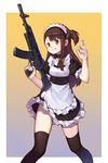 alternate_costume apron assault_rifle asymmetrical_bangs bangs border brown_hair dianche_miao_(18826) enmaided gun highres kagari_atsuko little_witch_academia looking_at_viewer maid maid_apron maid_headdress md5_mismatch outside_border raised_eyebrows red_eyes rifle smile solo thighhighs thighs weapon white_border yellow_background 
