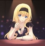  artist_request bar black_dress blonde_hair blue_eyes breasts cecilia_alcott cleavage cocktail_glass cup dress drinking_glass hairband highres infinite_stratos lips long_hair looking_at_viewer martini medium_breasts night olive solo 