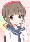  bad_id bad_pixiv_id blue_neckwear blush bow brown_eyes brown_hair collarbone eyebrows_visible_through_hair hair_bow hair_ribbon hand_on_own_cheek heart highres idolmaster idolmaster_cinderella_girls kurea_(a114019) long_hair looking_at_viewer neckerchief parted_lips ponytail red_bow red_ribbon ribbon school_uniform serafuku solo underwear yorita_yoshino 