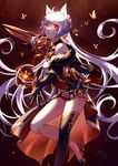  animal_ears ara_han ara_han_(celestial_fox) asymmetrical_legwear az_(zero_glvimayhop) black_gloves black_legwear elbow_gloves elsword eun_(elsword) floating_hair fox_ears gloves hair_between_eyes highres holding holding_weapon leg_up long_hair looking_at_viewer polearm red_eyes silver_hair solo standing thighhighs very_long_hair weapon yama_raja_(elsword) 